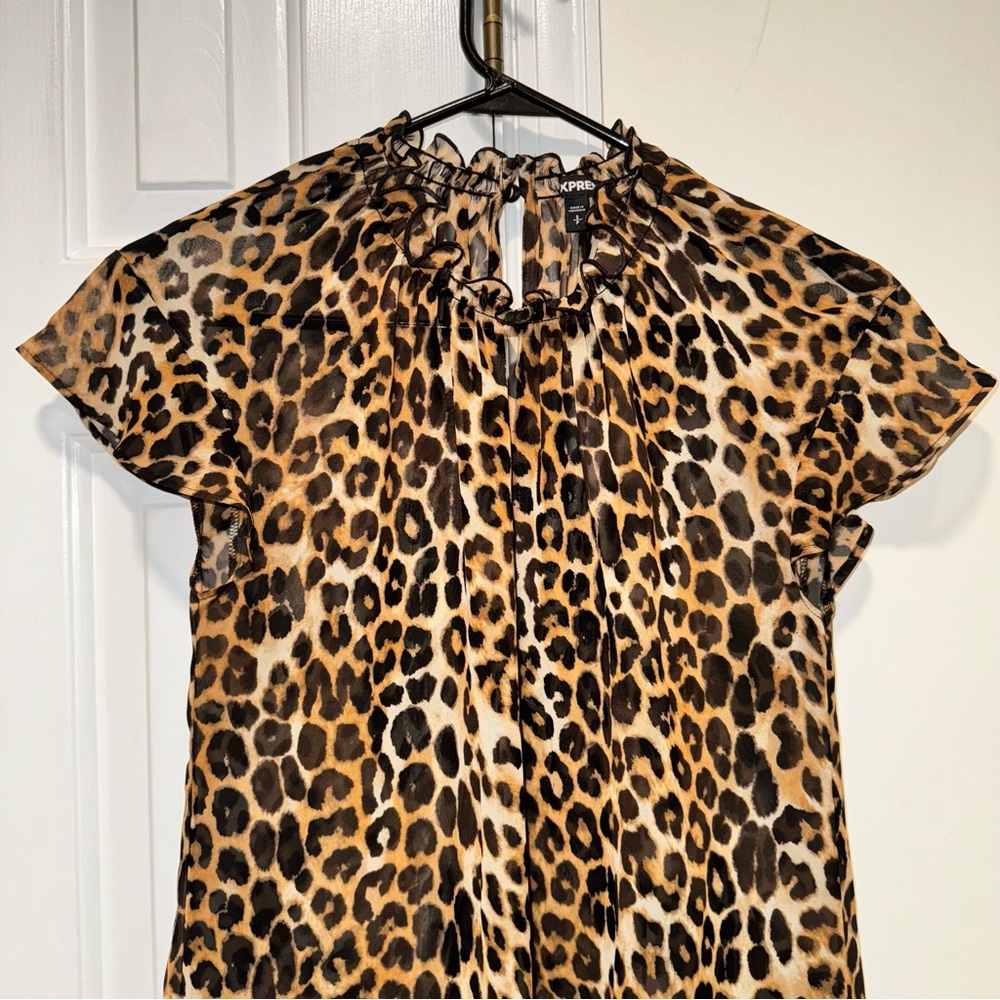 Express mock neck sheer leopard print short sleeve blouse top brown black S - Picture 6 of 16